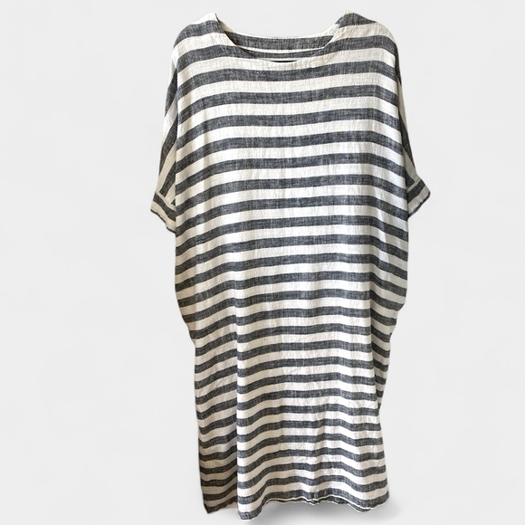 Linen Cotton Striped Caftan Maxi Dress Batwing Pockets Oversized OSFM 32” x 45” - Picture 9 of 16
